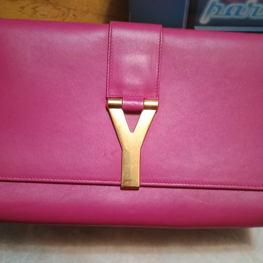 YSL Fuchsia/Pink Clutch with Gold plated Y, W/COA. - Picture 2 of 11